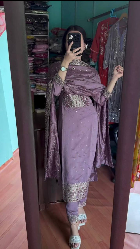 Light Purple Chinon Silk Sequence Embroidery Work Salwar Suit