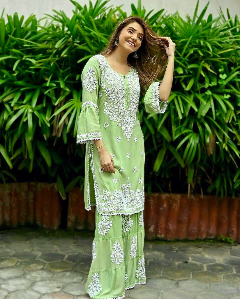 Pista Green Ryon Cotton Chikankari Embroidery Work Sharara Suit