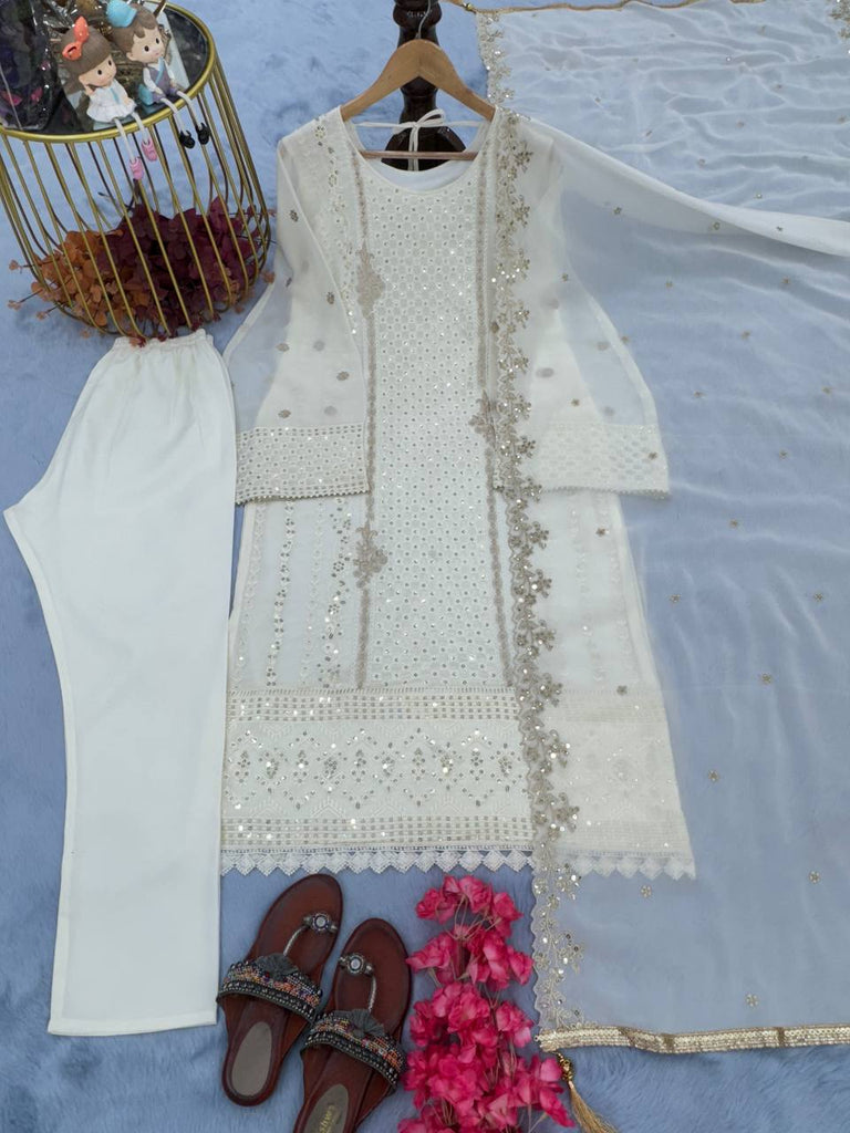 White Faux Georgette Embroidery Work Salwar Suit