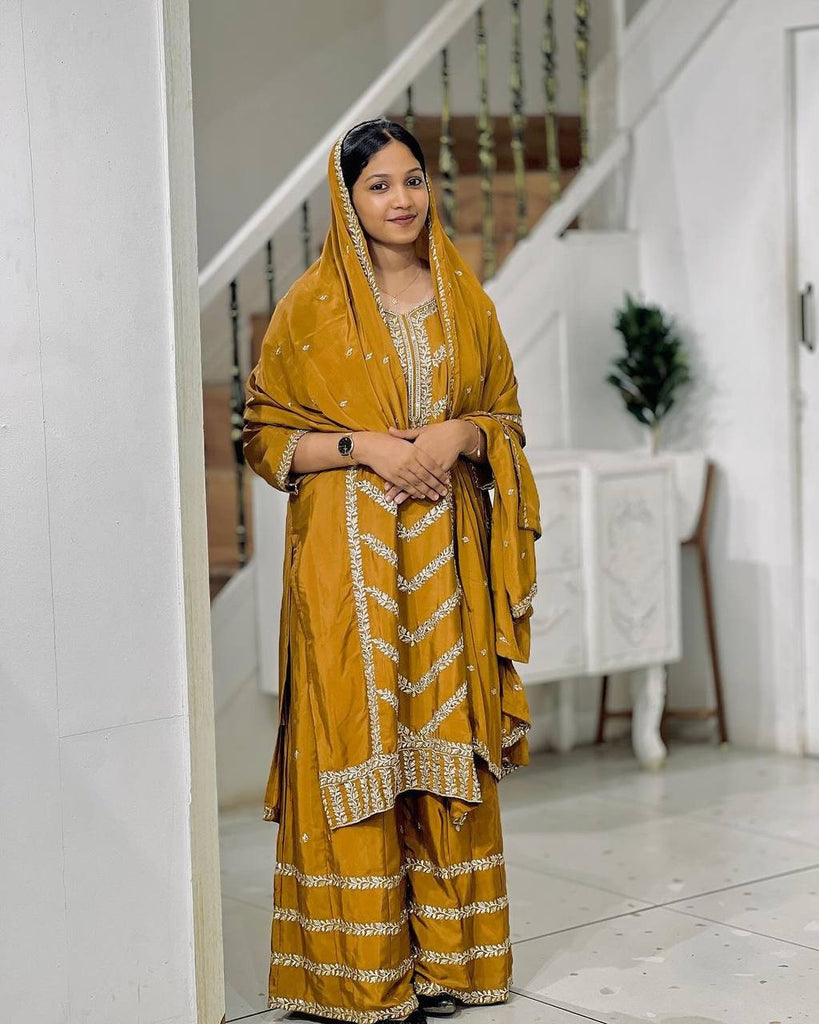 Mustard Yellow Chinon Silk Sequence Work Sharara Suit With Dupatta