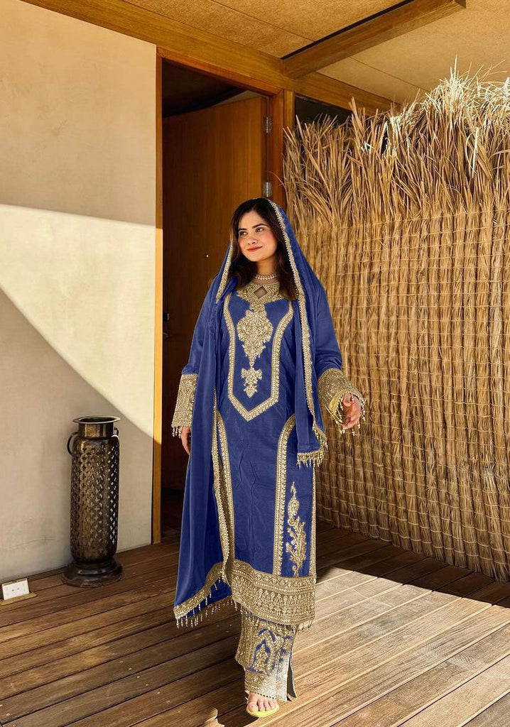 Royal Blue Chinon Silk Embroidered Work Salwar Suit