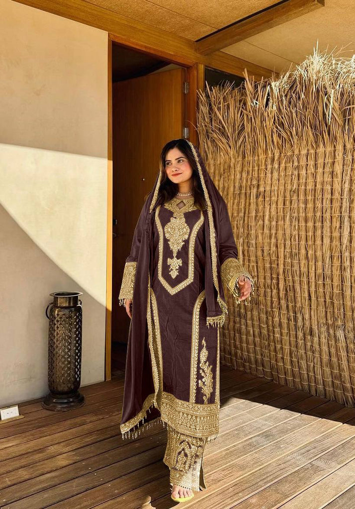 Coffee Chinon Silk Embroidered Work Salwar Suit