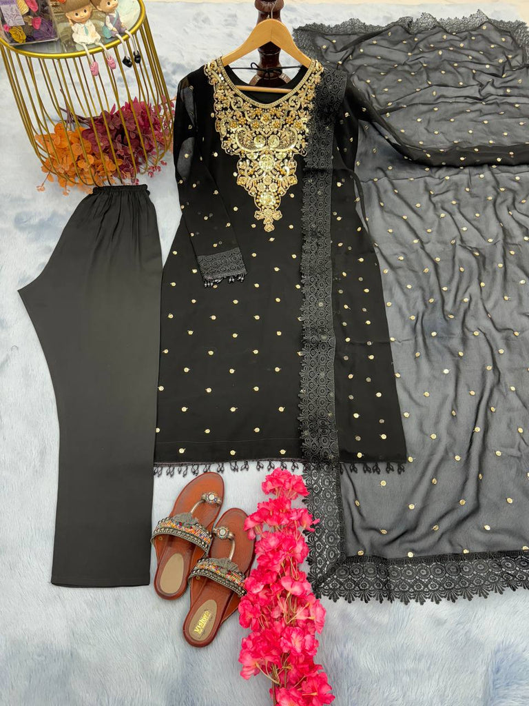 Black Faux Georgette Pal Moti Hand Work Salwar Suit