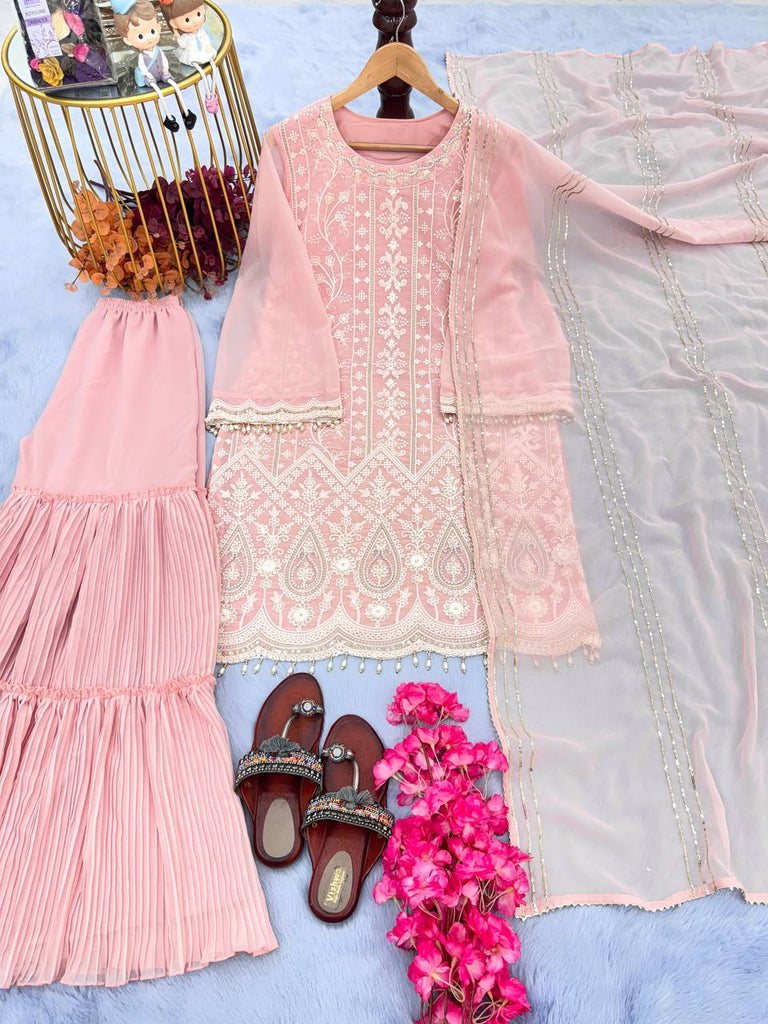 Pink Faux Georgette Embroidered Sharara Suit With Dupatta