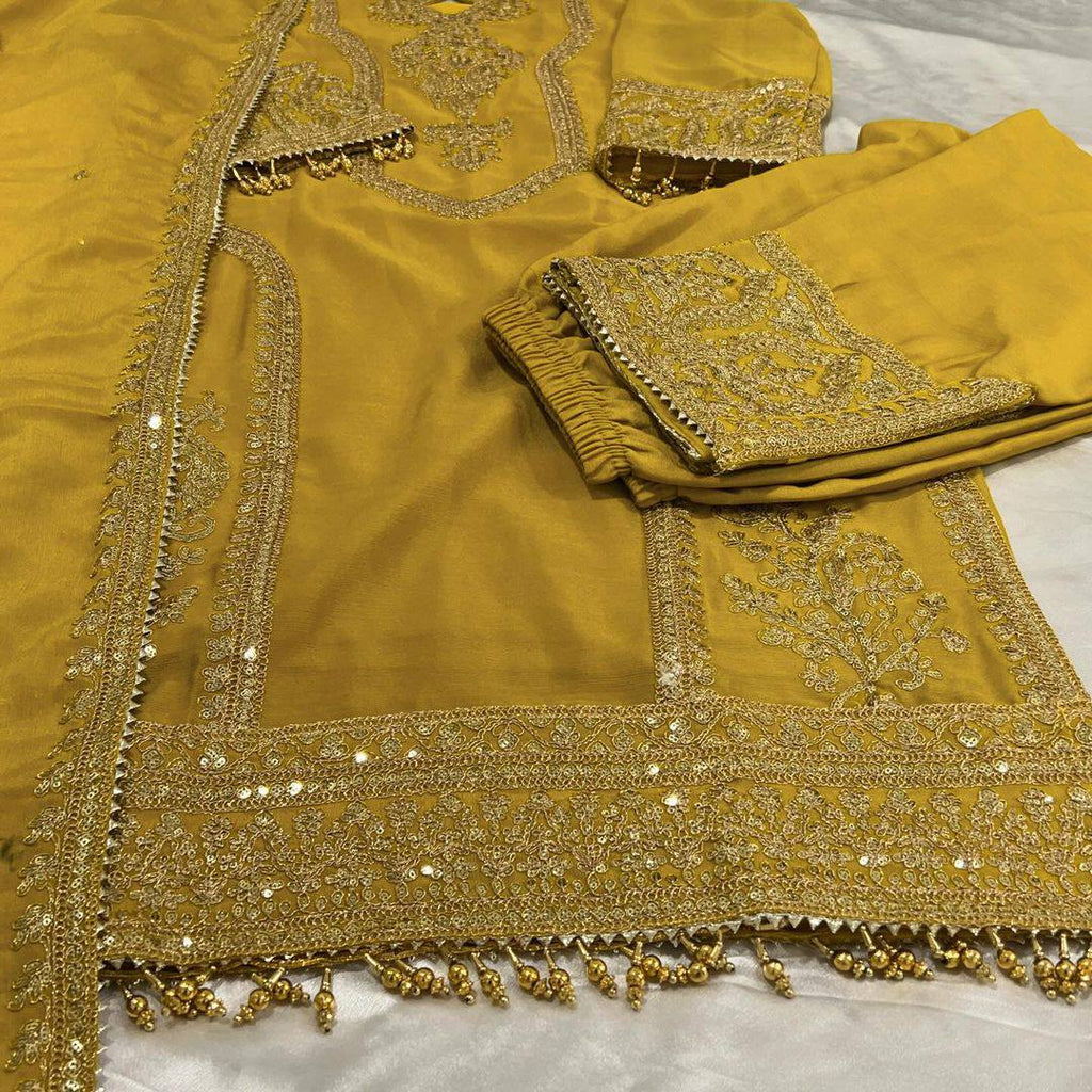 Mustard Yellow Chinon Silk Cording Dori Work Salwar Suit