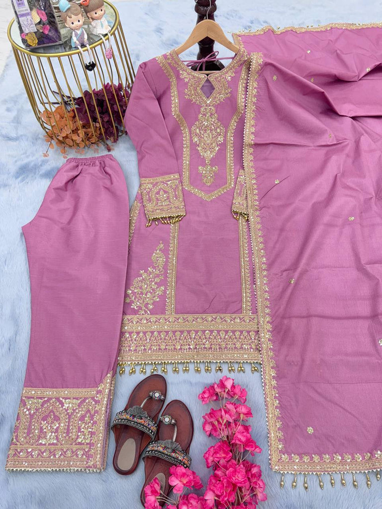 Onion Pink Chinon Silk Cording Dori Work Salwar Suit