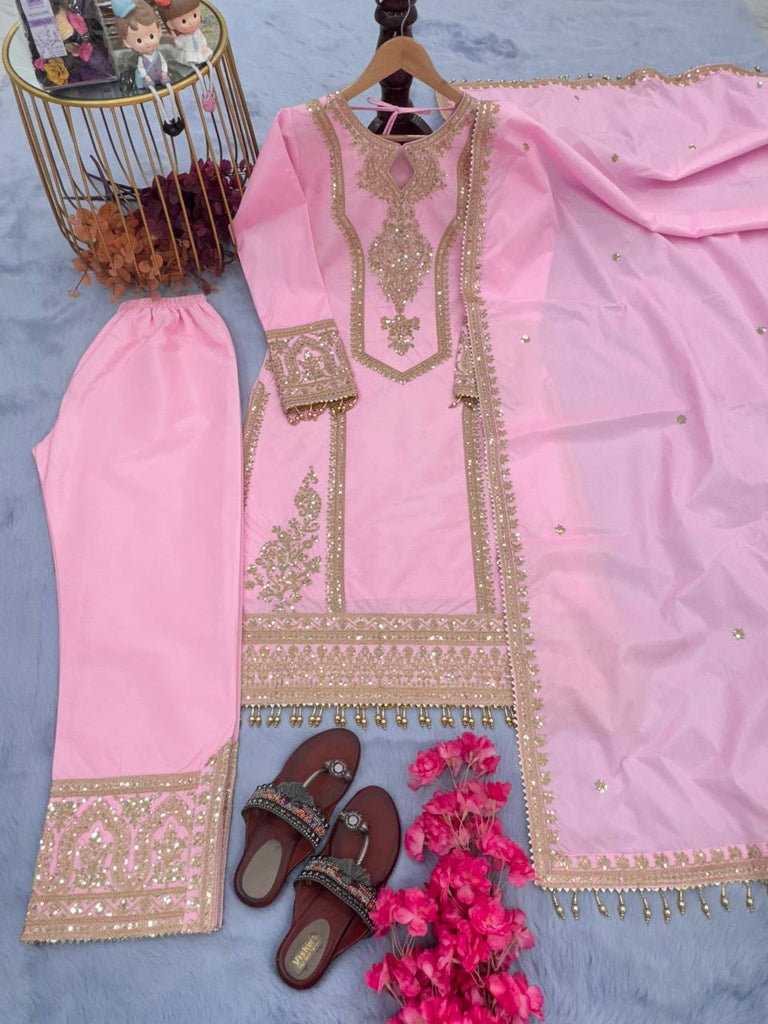 Baby Pink Chinon Silk Cording Dori Work Salwar Suit