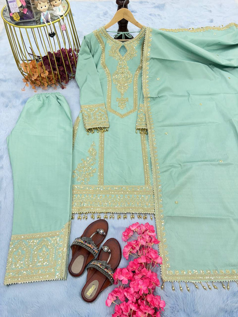 Pista Green Chinon Silk Cording Dori Work Salwar Suit