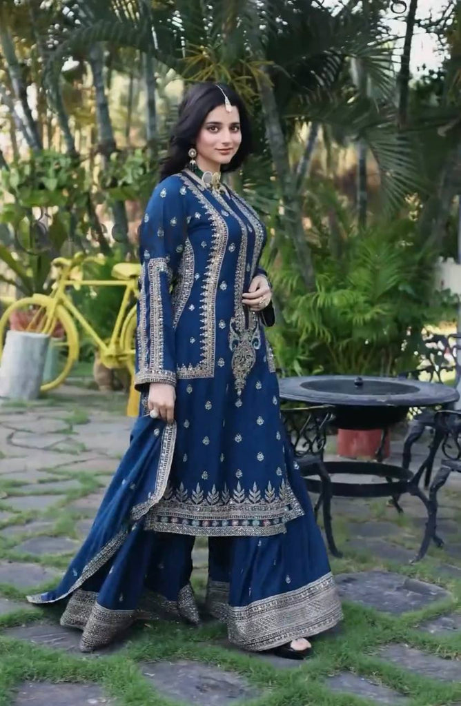 Navy Blue Faux Georgette Sequence Embroidery Work Sharara Suit With Dupatta