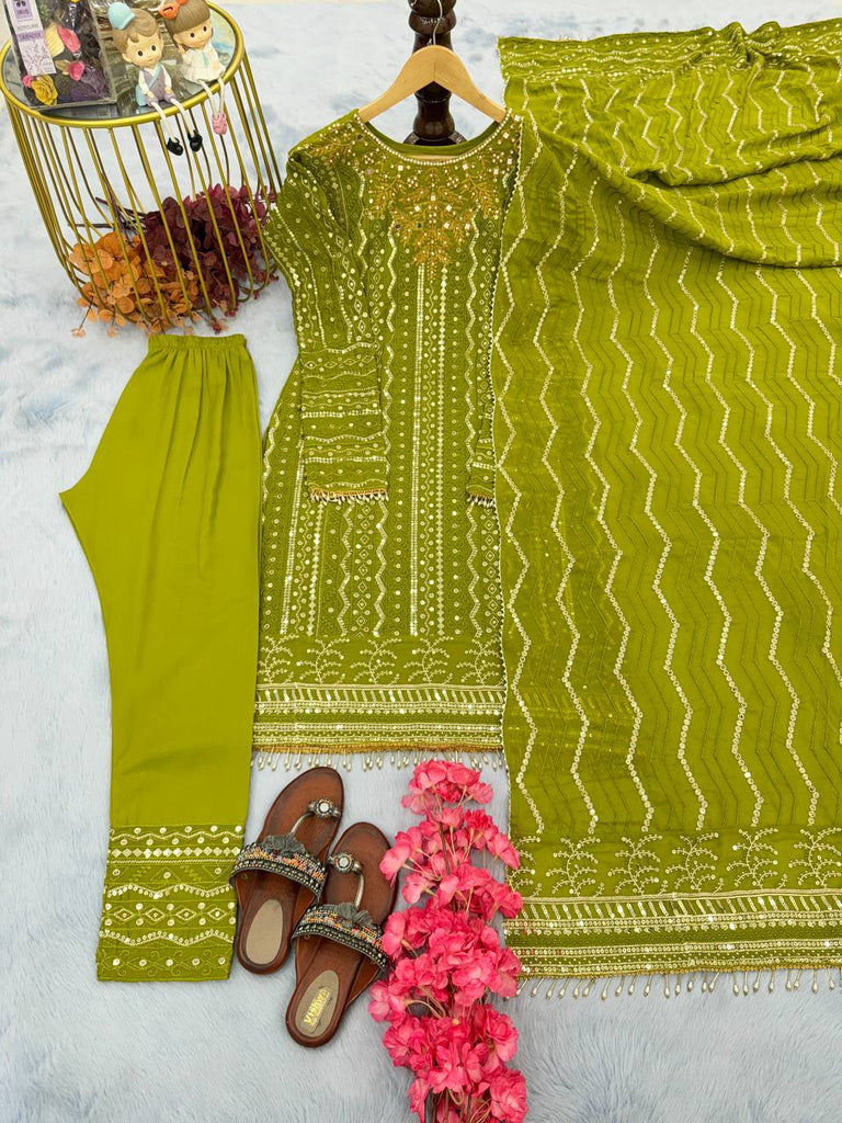 Parrot Green Faux Georgette Pal Moti Work Salwar Suit