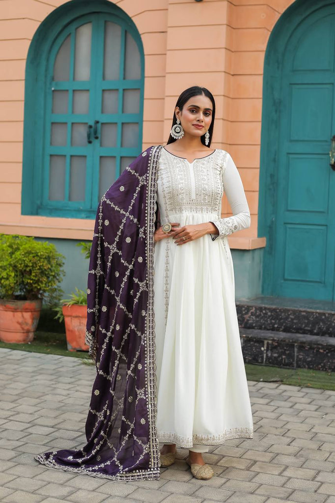 White Chinon Silk Sequence Embroidery Work Gown With Dupatta