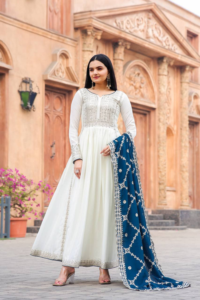 White Chinon Silk Sequence Embroidery Work Gown With Dupatta