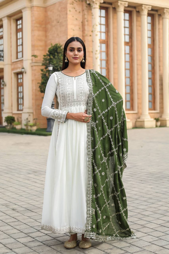 White Chinon Silk Sequence Embroidery Work Gown With Dupatta