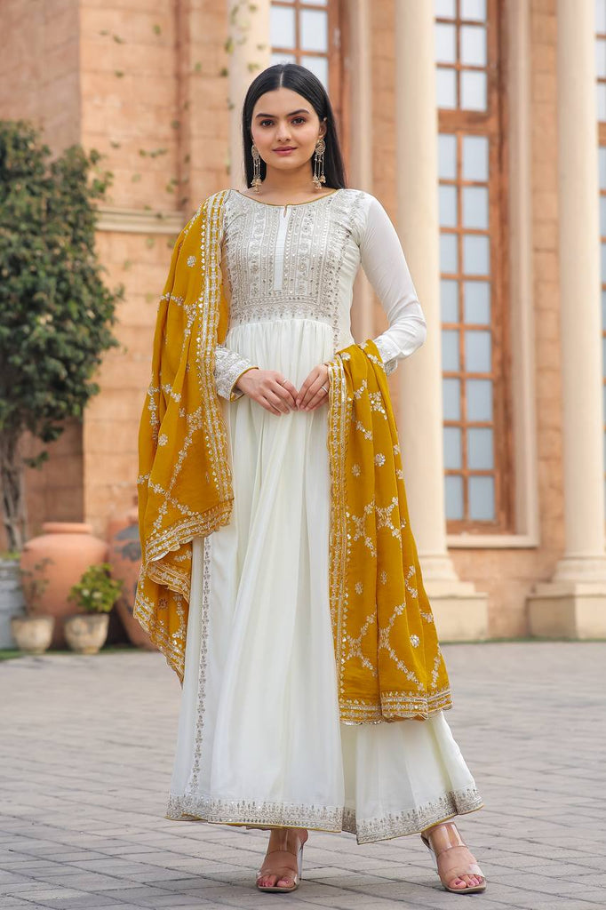 White Chinon Silk Sequence Embroidery Work Gown With Dupatta