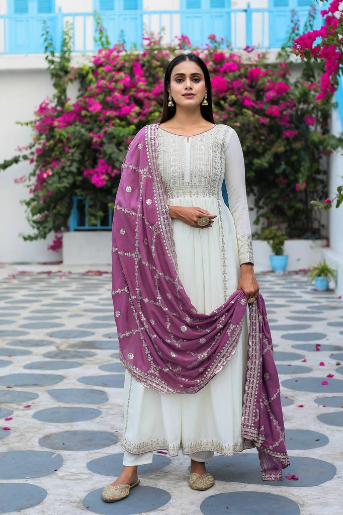 White Chinon Silk Sequence Embroidery Work Gown With Dupatta