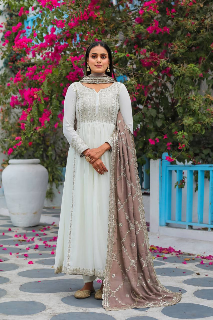 White Chinon Silk Sequence Embroidery Work Gown With Dupatta