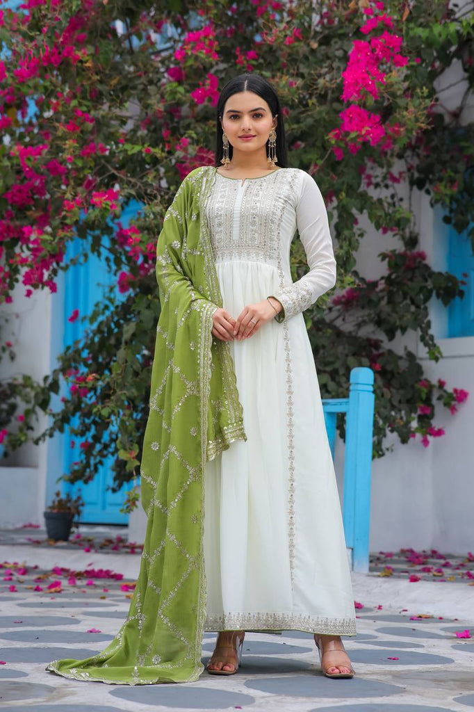 White Chinon Silk Sequence Embroidery Work Gown With Dupatta