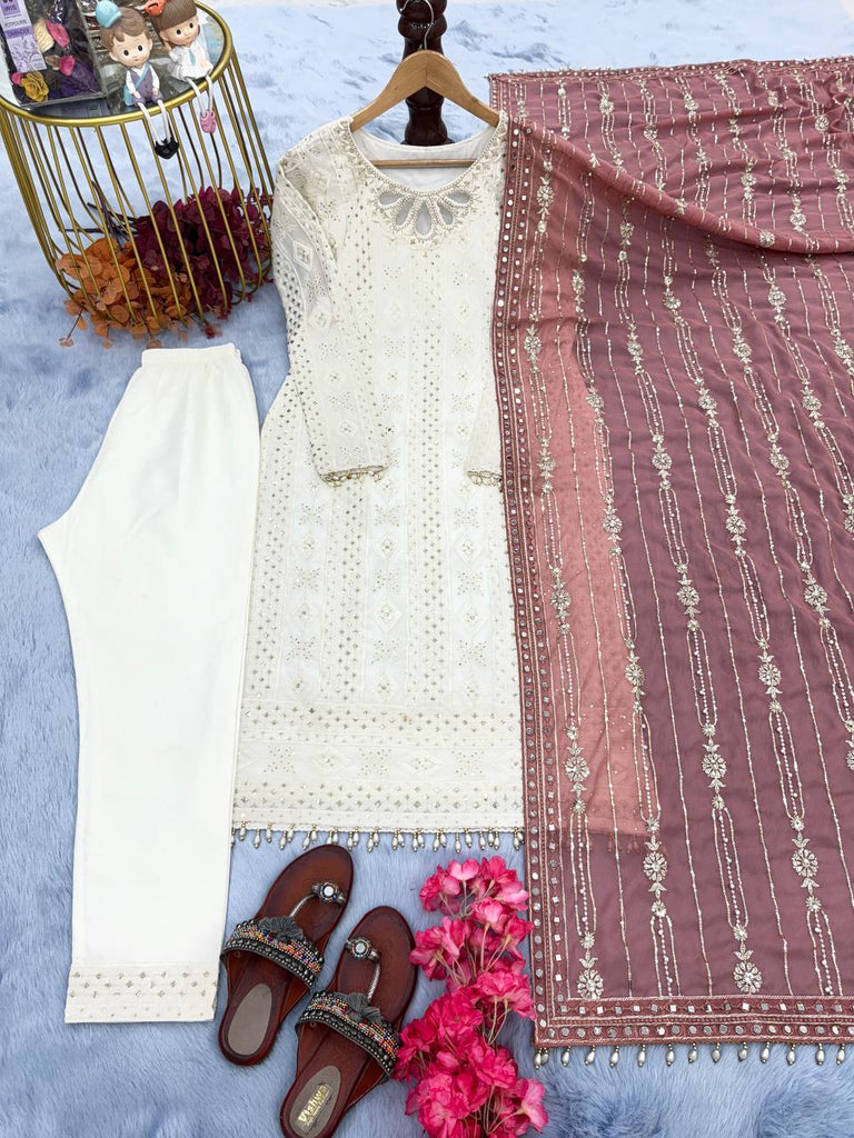 White Faux Georgette Rivet Moti Work Kurta With Palazzo And Dupatta