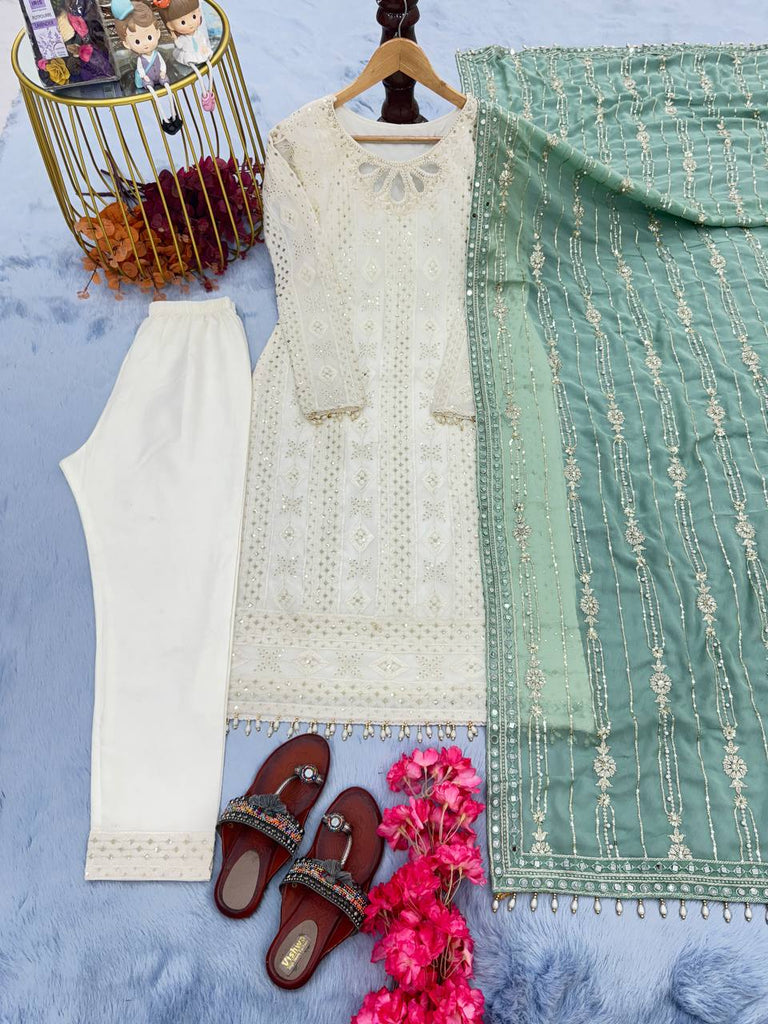 White Faux Georgette Rivet Moti Work Kurta With Palazzo And Dupatta