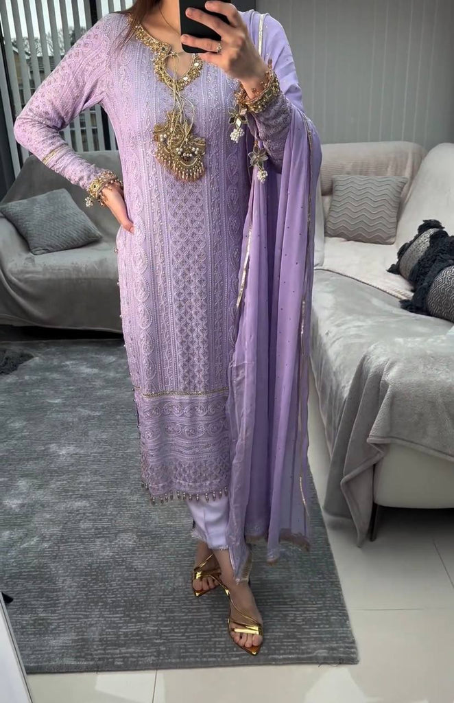 Lavender Faux Georgette Real Mirror Work Salwar Suit