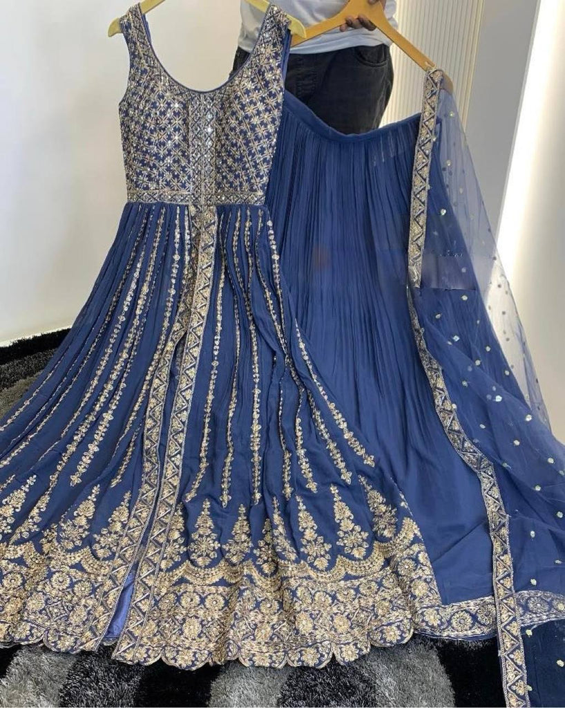 Blue Faux Georgette Sequence Embroidery Work Lehenga Suit