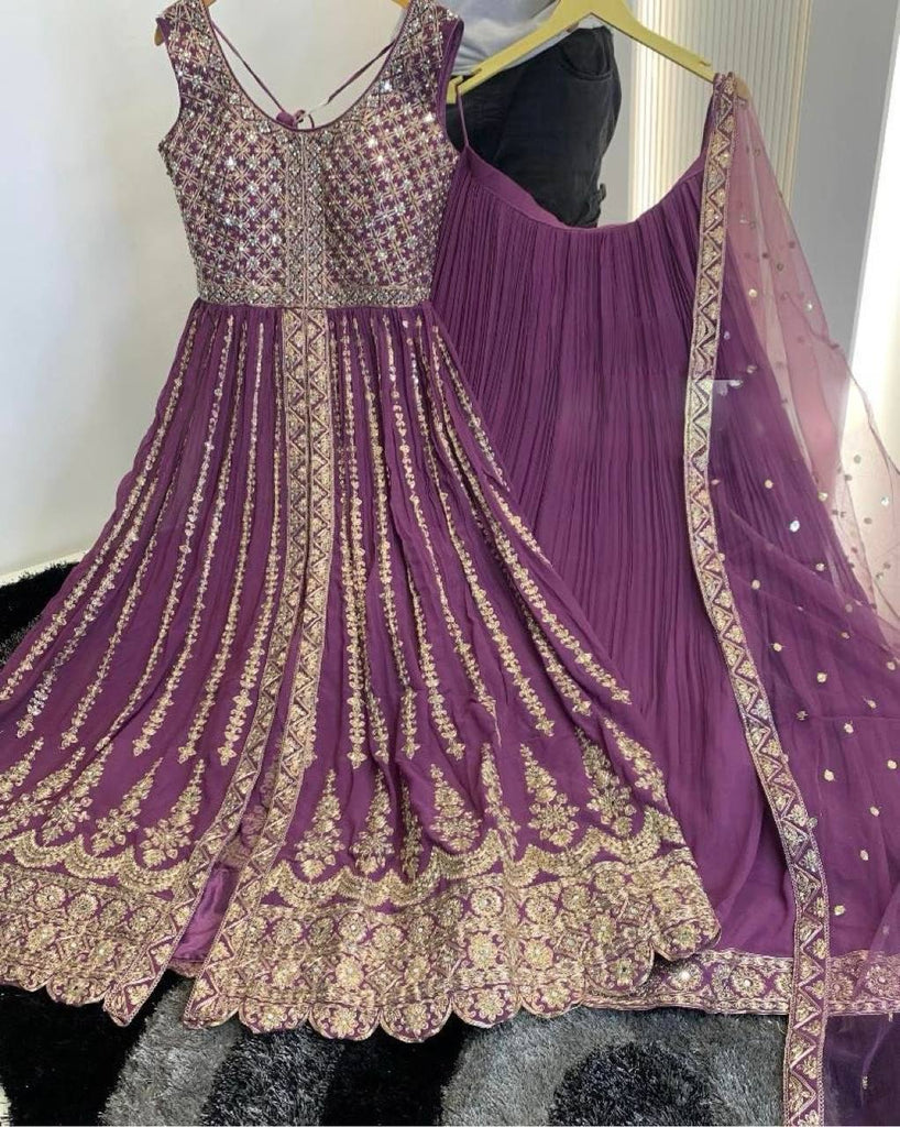 Purple Faux Georgette Sequence Embroidery Work Lehenga Suit