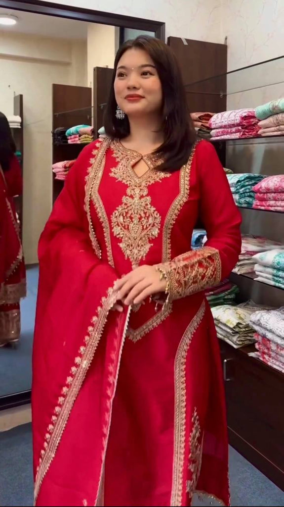 Red Chinon Silk Embroidered Work Salwar Suit