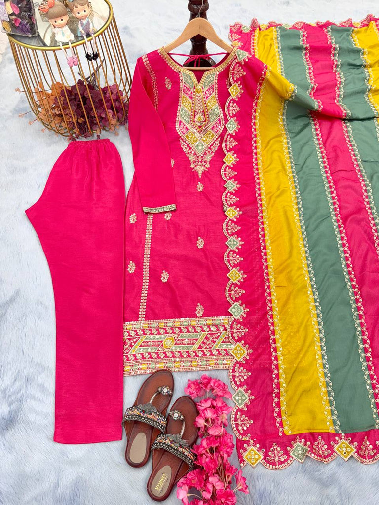 Rani Pink Chinon Silk Sequence Embroidery Work Salwar Suit