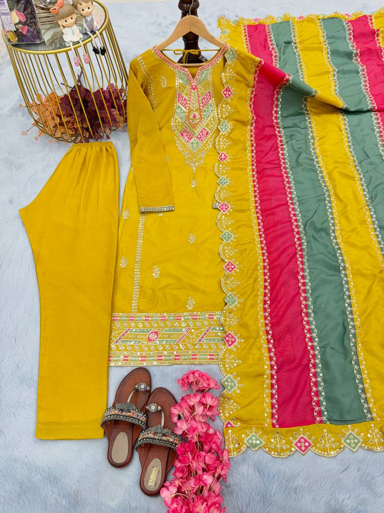 Yellow Chinon Silk Sequence Embroidery Work Salwar Suit