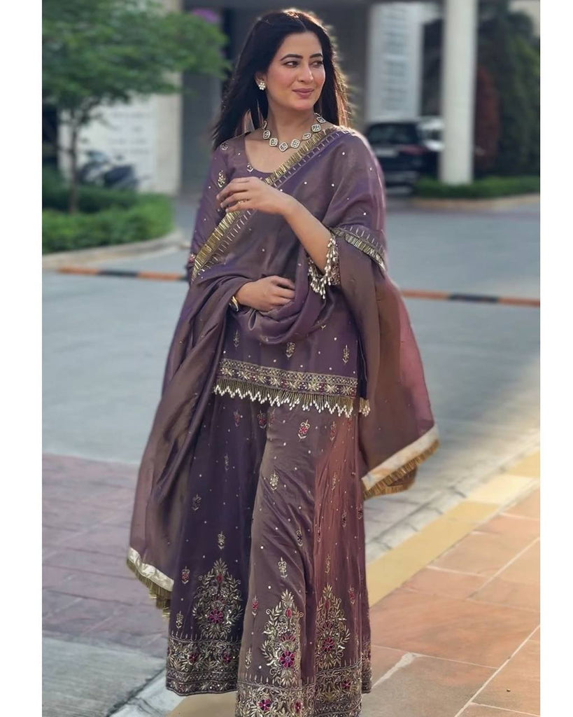 Light Purple Pure Twil Gold Net Sequence Work Sharara Suit