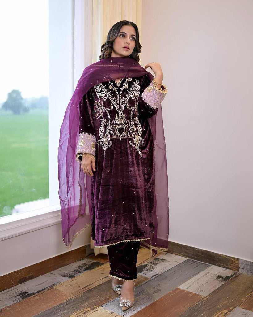 Wine Velvet Sequence Embroidery Work Salwar Suit