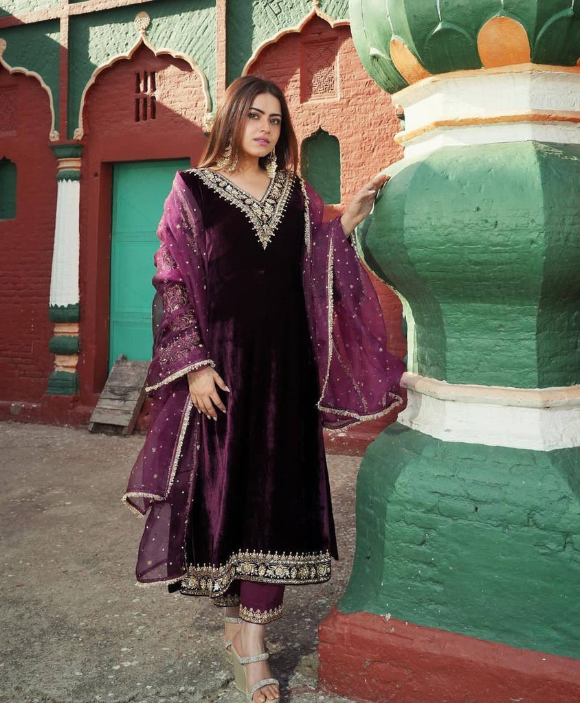 Wine Viscose Velvet Embroidery Work Salwar Suit