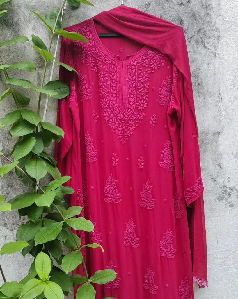 Viscose Georgette Chikankari Kurta & Pant With Dupatta Set