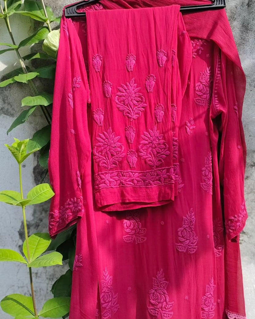 Viscose Georgette Chikankari Kurta & Pant With Dupatta Set