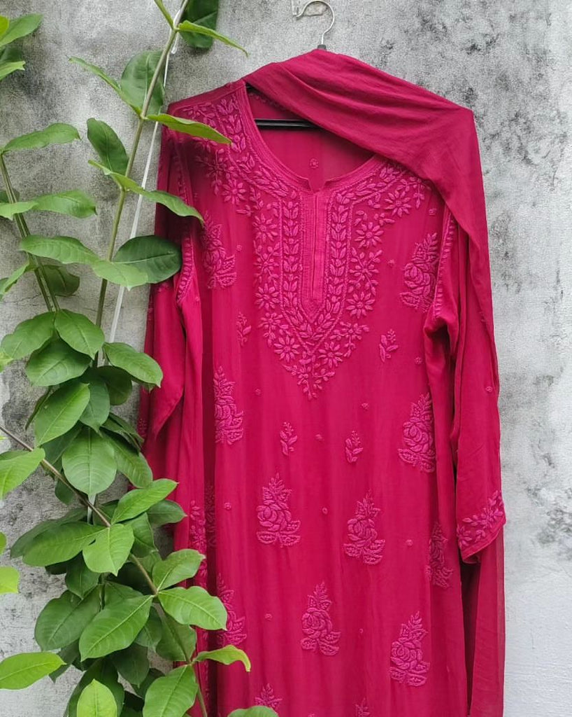 Viscose Georgette Chikankari Kurta & Pant With Dupatta Set