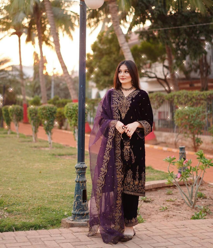 Wine Viscose Velvet Sequence Embroidery Work Salwar Suit