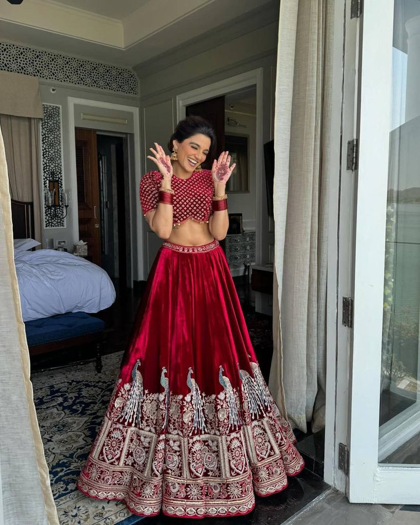 Red Viscose Velvet Sequence Work Lehenga Choli