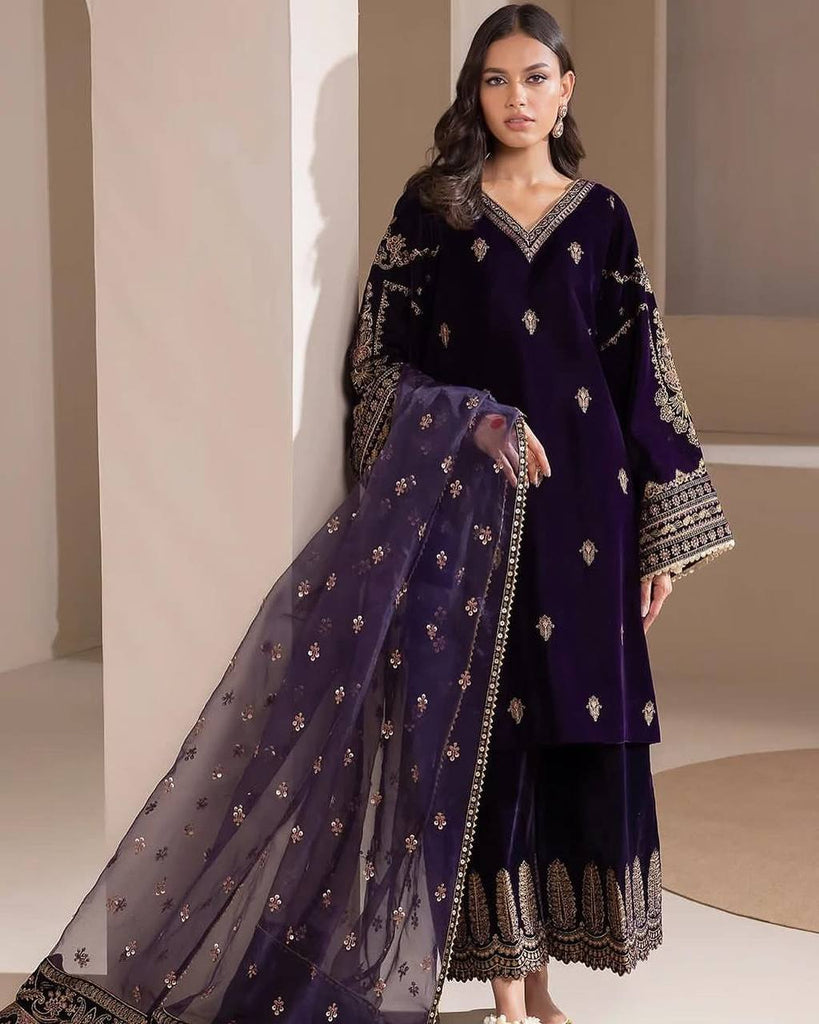 Mulberry Purple Viscose Velvet Sequence Embroidery Work Salwar Suit