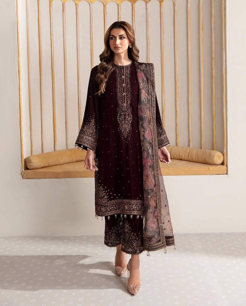 Maroon Viscose Velvet Sequence Embroidery Work Plazzo Suit