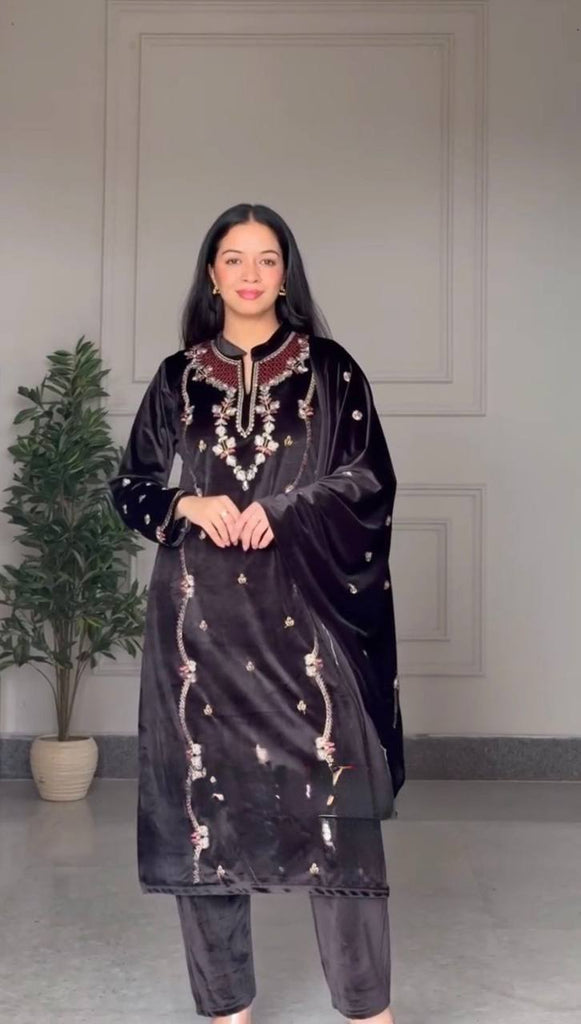 Black Viscose Velvet Thread Work Salwar Suit