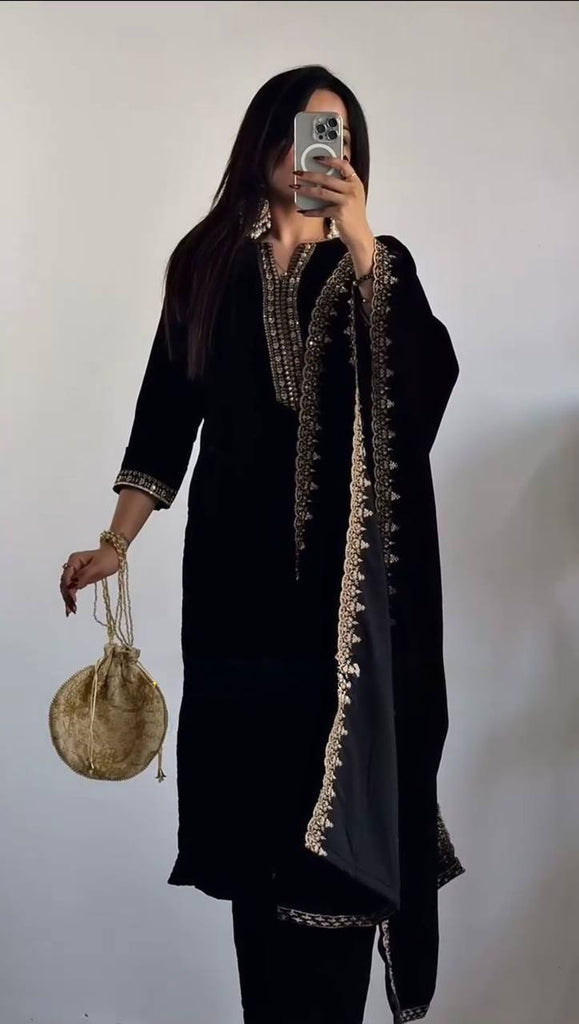 Black Viscose Velvet Thread Work Salwar Suit