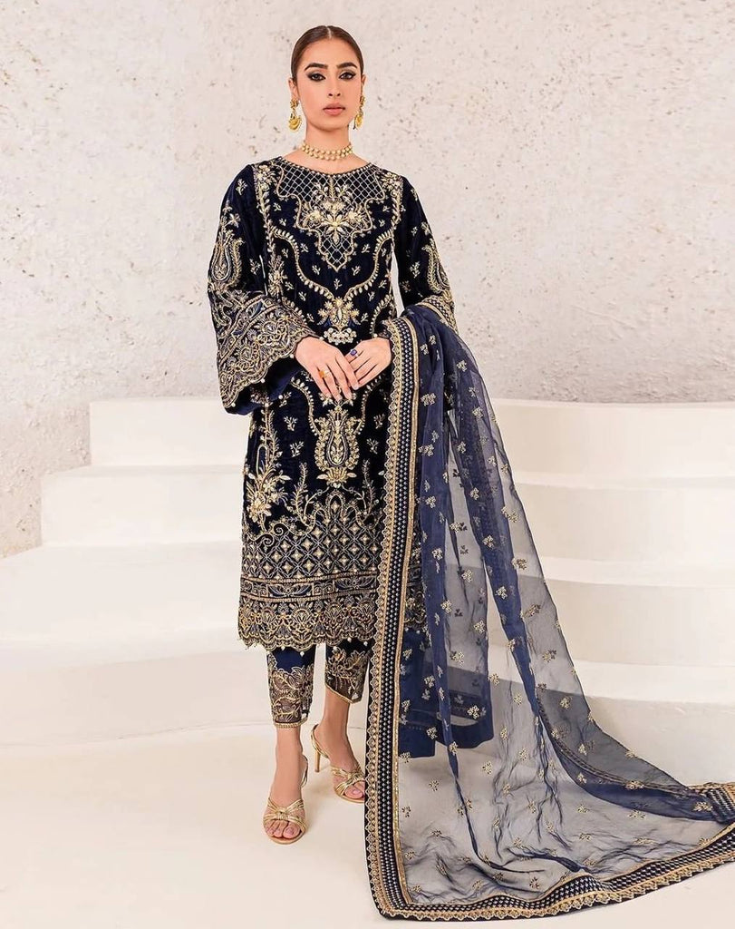 Navy Blue Viscose Velvet Sequence Work Salwar Suit