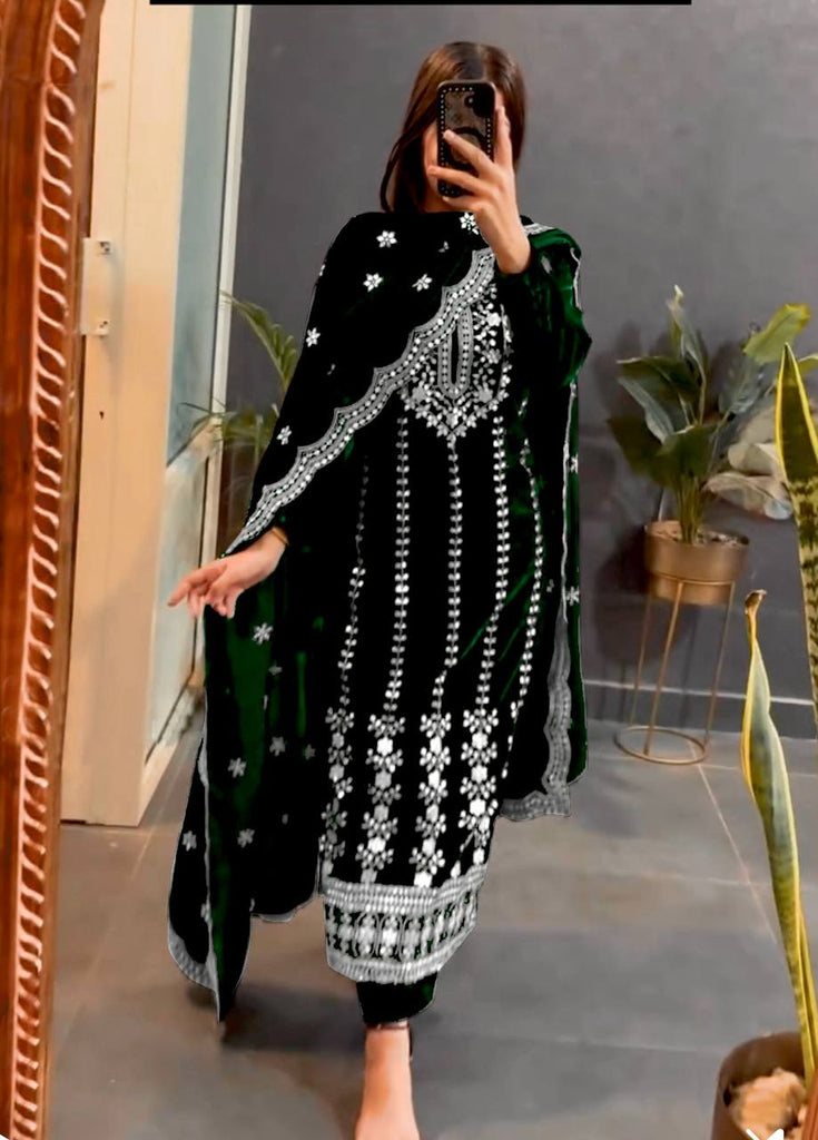 Dark Green 9000 Viscose Velvet Sequence Embroidery Work Salwar Suit