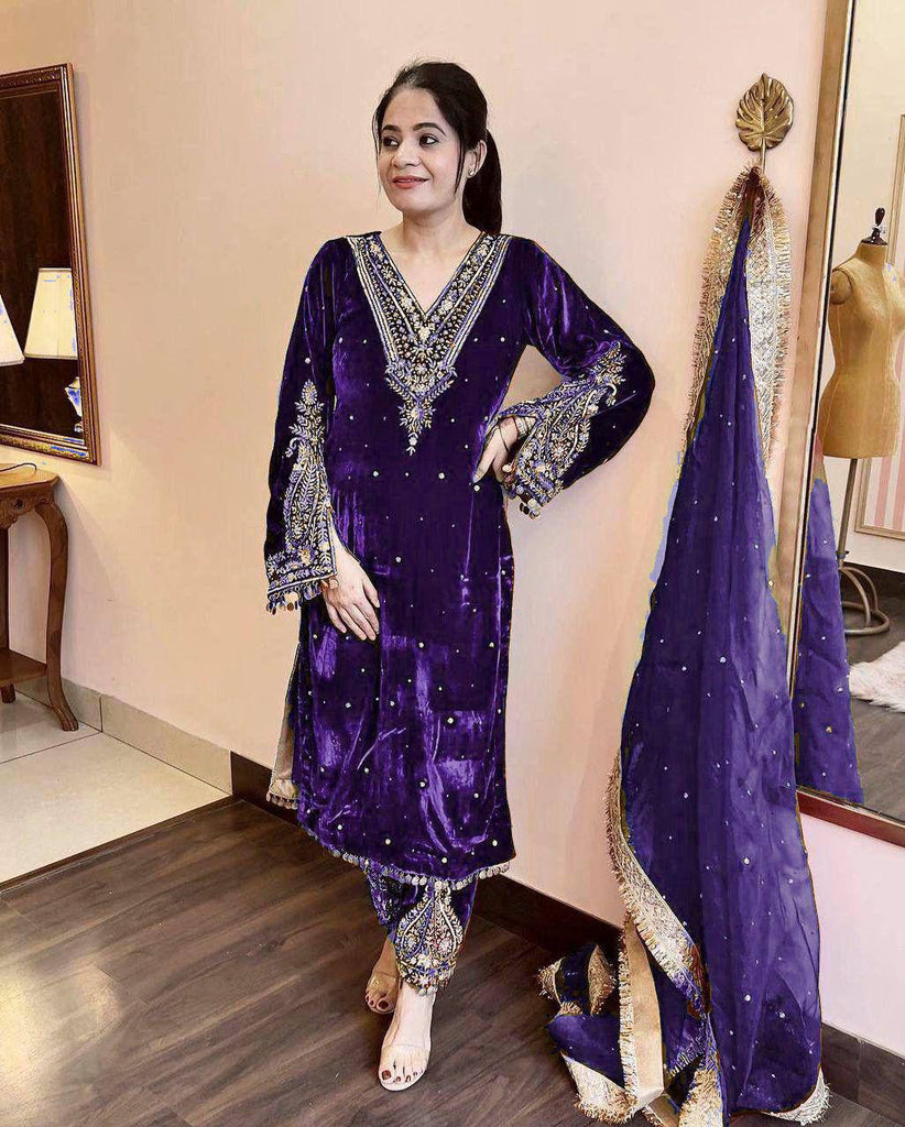 Purple Viscose Velvet Sequence Embroidery Work Salwar Suit