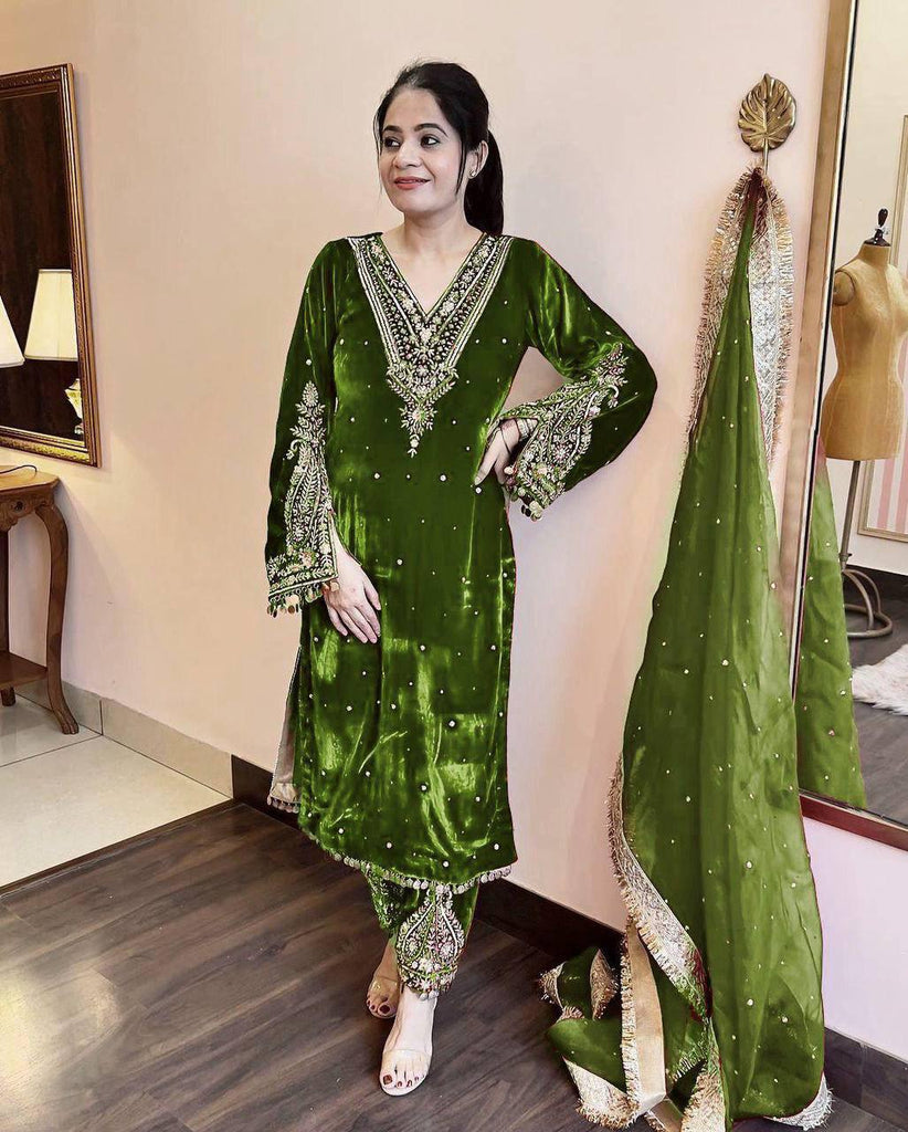 Green Viscose Velvet Sequence Embroidery Work Salwar Suit