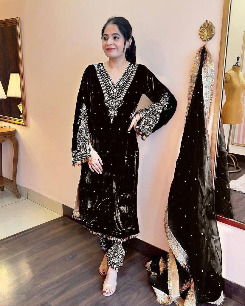 Black Viscose Velvet Sequence Embroidery Work Salwar Suit