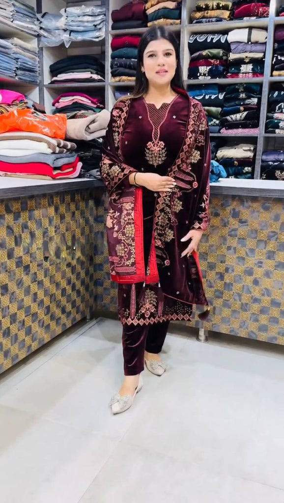 Maroon Viscose Velvet Sequence Embroidery Work Salwar Suit