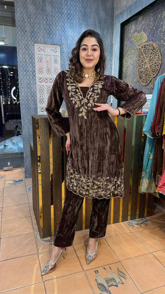 Brown Blooming Velvet Embroidery Work Top With Pant