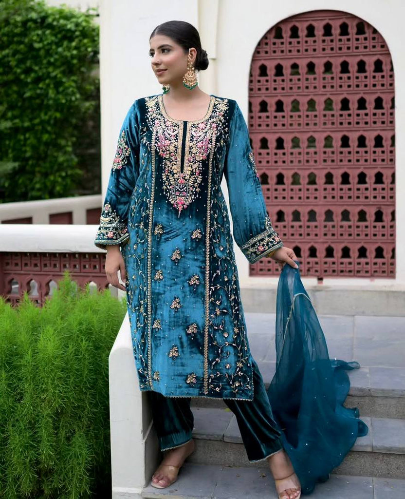 Rama Blue Viscose Velvet Rivet Moti Work Salwar Suit