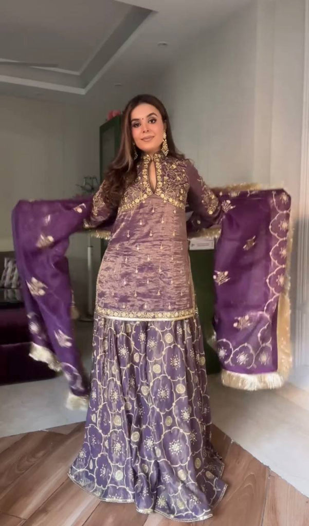 Mauve Pure Twil Gold Net Sequence Work Sharara Suit